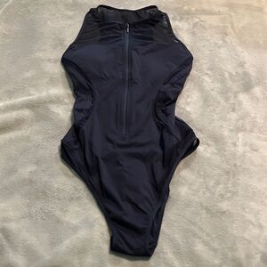 TA3 Adjustable Crewneck Mesh Dark Navy Zip-Front One-Piece Swimsuit